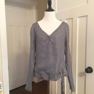Semi-sheer, gray-blue top w/gold thread pinstripe